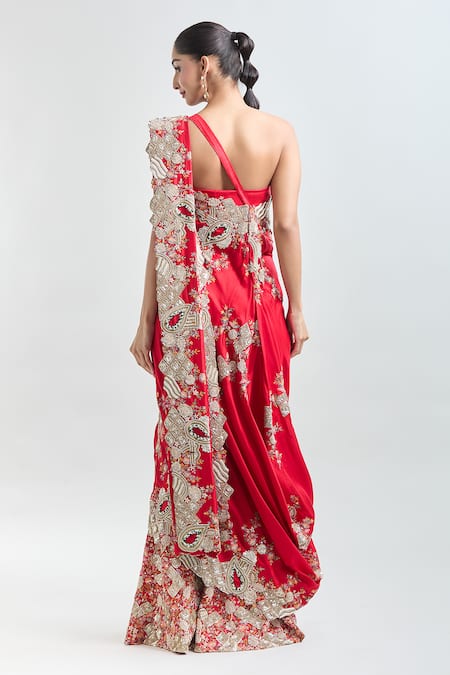 Shop Anamika Khanna Red Embroidery Pre-draped Saree With Unstitched Blouse Piece at Aza Fashions Shop_Anamika Khanna_Red Embroidery Pre-draped Saree With Unstitched Blouse Piece_at_Aza_Fashions