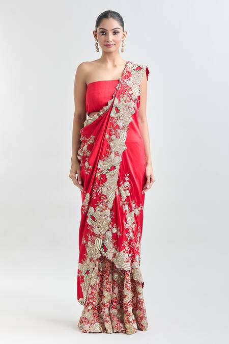 Anamika Khanna Red Embroidery Pre-draped Saree With Unstitched Blouse Piece Online at Aza Fashions Anamika Khanna_Red Embroidery Pre-draped Saree With Unstitched Blouse Piece_Online_at_Aza_Fashions
