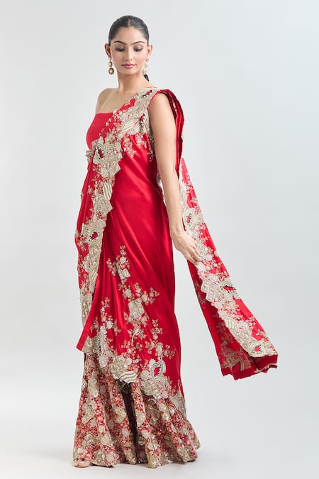 Shop Anamika Khanna Red Embroidery Pre-draped Saree With Unstitched Blouse Piece Online at Aza Fashions Shop_Anamika Khanna_Red Embroidery Pre-draped Saree With Unstitched Blouse Piece_Online_at_Aza_Fashions