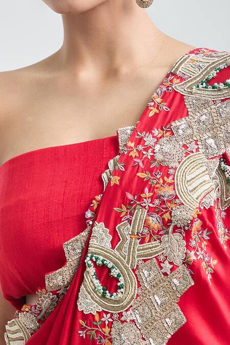 Anamika Khanna Red Embroidery Pre-draped Saree With Unstitched Blouse Piece at Aza Fashions Anamika Khanna_Red Embroidery Pre-draped Saree With Unstitched Blouse Piece_at_Aza_Fashions