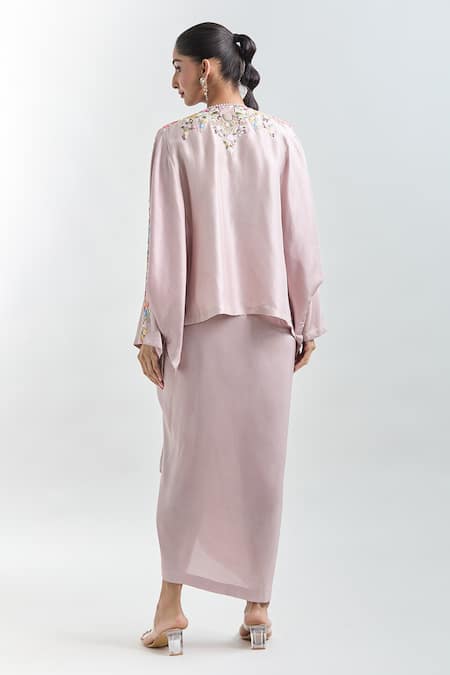 Shop Anamika Khanna Purple Embroidered Cape Top And Draped Skirt Set at Aza Fashions Shop_Anamika Khanna_Purple Embroidered Cape Top And Draped Skirt Set_at_Aza_Fashions