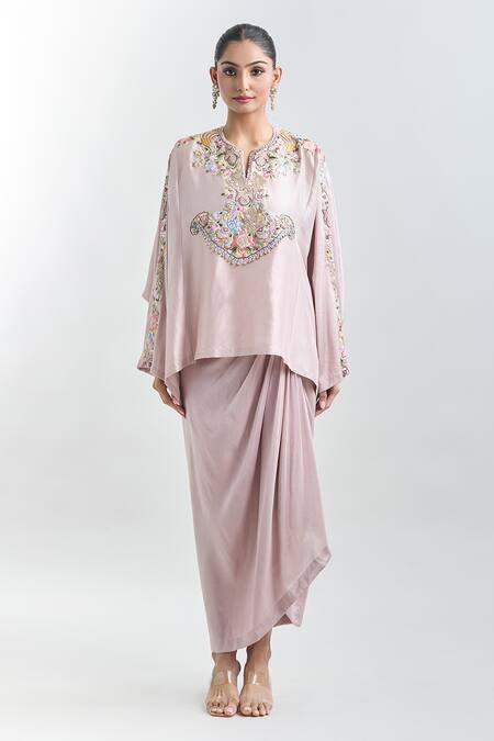 Anamika Khanna Purple Embroidered Cape Top And Draped Skirt Set Online at Aza Fashions Anamika Khanna_Purple Embroidered Cape Top And Draped Skirt Set_Online_at_Aza_Fashions
