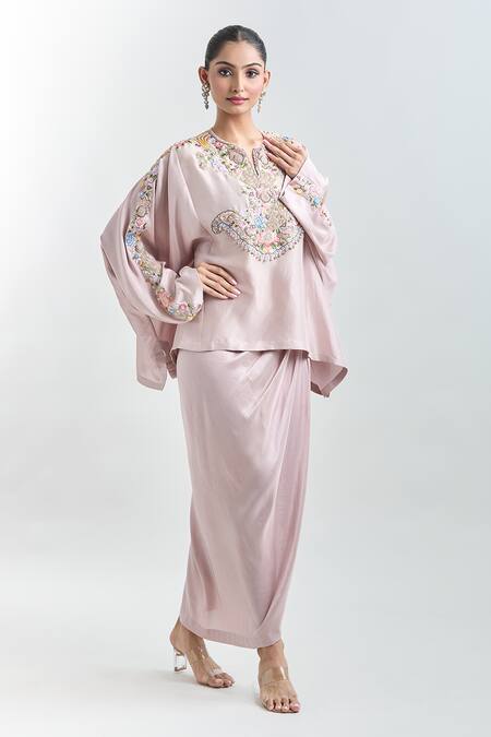 Shop Anamika Khanna Purple Embroidered Cape Top And Draped Skirt Set Online at Aza Fashions Shop_Anamika Khanna_Purple Embroidered Cape Top And Draped Skirt Set_Online_at_Aza_Fashions