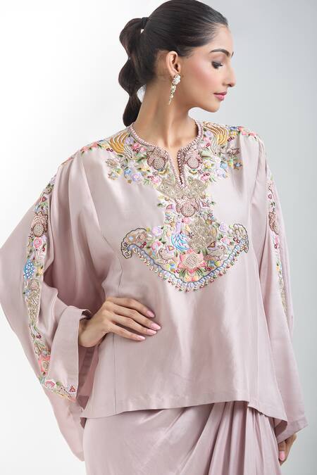 Anamika Khanna Purple Embroidered Cape Top And Draped Skirt Set at Aza Fashions Anamika Khanna_Purple Embroidered Cape Top And Draped Skirt Set_at_Aza_Fashions