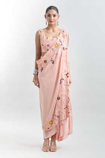 Anamika Khanna_Peach Chiffon, Georgette Embroidery Floral Draped Tunic Set With Jacket _Online_at_Aza_Fashions