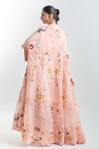 Buy_Anamika Khanna_Peach Chiffon, Georgette Embroidery Floral Draped Tunic Set With Jacket _Online_at_Aza_Fashions