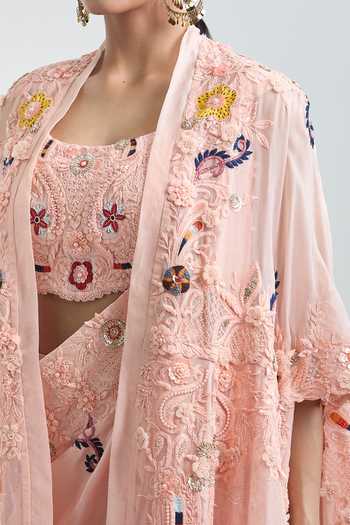 Shop_Anamika Khanna_Peach Chiffon, Georgette Embroidery Floral Draped Tunic Set With Jacket _Online_at_Aza_Fashions
