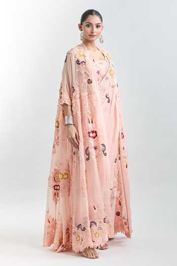 Anamika Khanna_Peach Chiffon, Georgette Embroidery Floral Draped Tunic Set With Jacket _at_Aza_Fashions