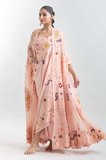 Buy_Anamika Khanna_Peach Chiffon, Georgette Embroidery Floral Draped Tunic Set With Jacket 
