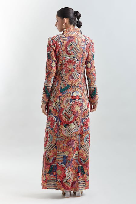 Shop Anamika Khanna Multi Color Silk Embroidery Mandarin Collar Jacket Kurta And Draped Skirt Set at Aza Fashions Shop_Anamika Khanna_Multi Color Silk Embroidery Mandarin Collar Jacket Kurta And Draped Skirt Set _at_Aza_Fashions