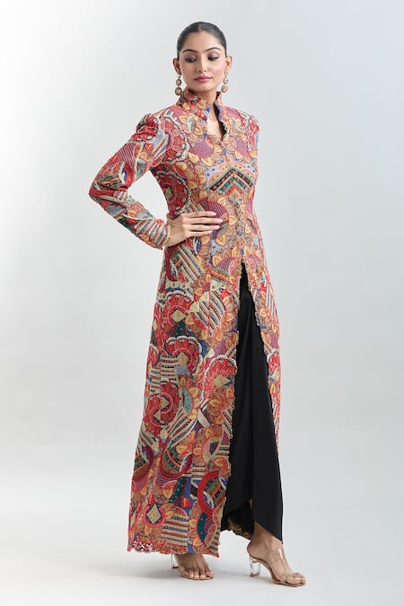 Anamika Khanna Multi Color Silk Embroidery Mandarin Collar Jacket Kurta And Draped Skirt Set Online at Aza Fashions Anamika Khanna_Multi Color Silk Embroidery Mandarin Collar Jacket Kurta And Draped Skirt Set _Online_at_Aza_Fashions