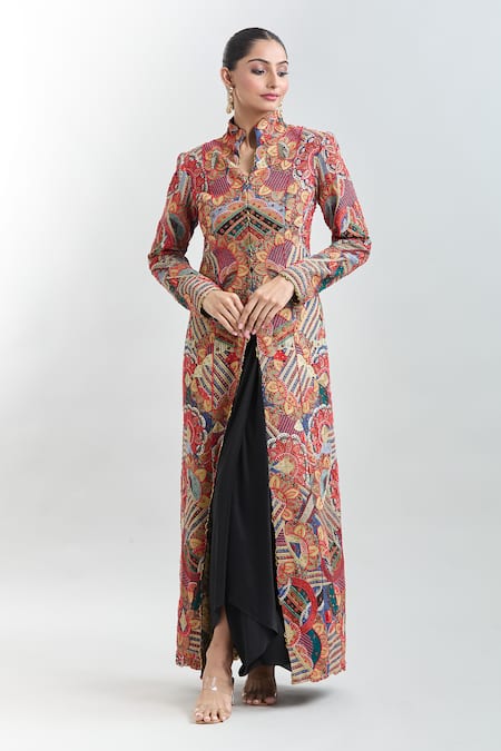Buy Anamika Khanna Multi Color Silk Embroidery Mandarin Collar Jacket Kurta And Draped Skirt Set Online at Aza Fashions Buy_Anamika Khanna_Multi Color Silk Embroidery Mandarin Collar Jacket Kurta And Draped Skirt Set _Online_at_Aza_Fashions