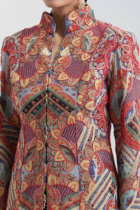 Shop Anamika Khanna Multi Color Silk Embroidery Mandarin Collar Jacket Kurta And Draped Skirt Set Online at Aza Fashions Shop_Anamika Khanna_Multi Color Silk Embroidery Mandarin Collar Jacket Kurta And Draped Skirt Set _Online_at_Aza_Fashions