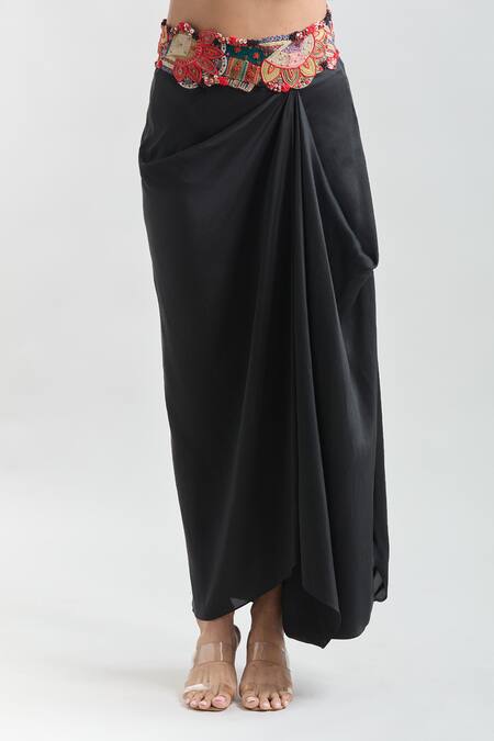 Anamika Khanna Multi Color Silk Embroidery Mandarin Collar Jacket Kurta And Draped Skirt Set at Aza Fashions Anamika Khanna_Multi Color Silk Embroidery Mandarin Collar Jacket Kurta And Draped Skirt Set _at_Aza_Fashions