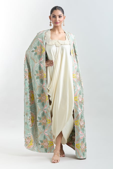 Anamika Khanna Embroidered Cape With Draped Dress 