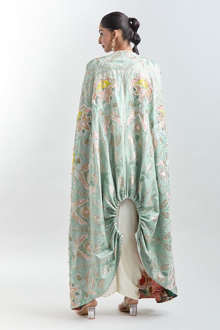 Shop Anamika Khanna Blue Pearls Square Neck Embroidered Cape With Draped Dress at Aza Fashions Shop_Anamika Khanna_Blue Pearls Square Neck Embroidered Cape With Draped Dress _at_Aza_Fashions