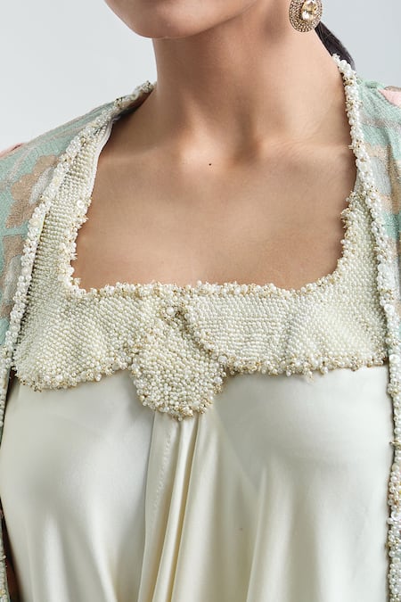 Anamika Khanna Blue Pearls Square Neck Embroidered Cape With Draped Dress Online at Aza Fashions Anamika Khanna_Blue Pearls Square Neck Embroidered Cape With Draped Dress _Online_at_Aza_Fashions
