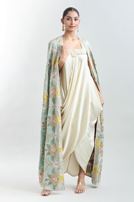 Shop Anamika Khanna Blue Pearls Square Neck Embroidered Cape With Draped Dress Online at Aza Fashions Shop_Anamika Khanna_Blue Pearls Square Neck Embroidered Cape With Draped Dress _Online_at_Aza_Fashions