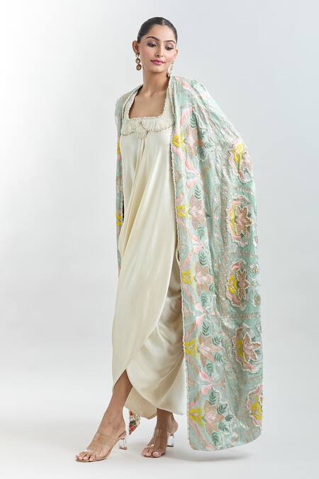 Anamika Khanna Blue Pearls Square Neck Embroidered Cape With Draped Dress at Aza Fashions Anamika Khanna_Blue Pearls Square Neck Embroidered Cape With Draped Dress _at_Aza_Fashions