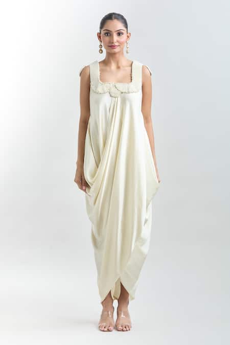 Buy Anamika Khanna Blue Pearls Square Neck Embroidered Cape With Draped Dress Buy_Anamika Khanna_Blue Pearls Square Neck Embroidered Cape With Draped Dress