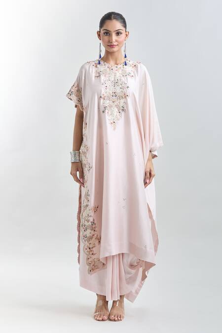 Anamika Khanna Pink Embroidery Round Neck Kaftan Tunic And Draped Skirt Set Online at Aza Fashions Anamika Khanna_Pink Embroidery Round Neck Kaftan Tunic And Draped Skirt Set_Online_at_Aza_Fashions