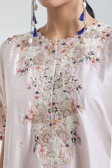 Buy Anamika Khanna Pink Embroidery Round Neck Kaftan Tunic And Draped Skirt Set Online at Aza Fashions Buy_Anamika Khanna_Pink Embroidery Round Neck Kaftan Tunic And Draped Skirt Set_Online_at_Aza_Fashions