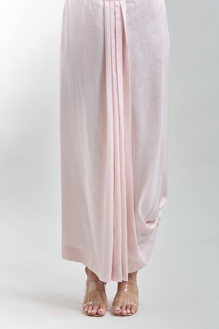 Shop Anamika Khanna Pink Embroidery Round Neck Kaftan Tunic And Draped Skirt Set Online at Aza Fashions Shop_Anamika Khanna_Pink Embroidery Round Neck Kaftan Tunic And Draped Skirt Set_Online_at_Aza_Fashions