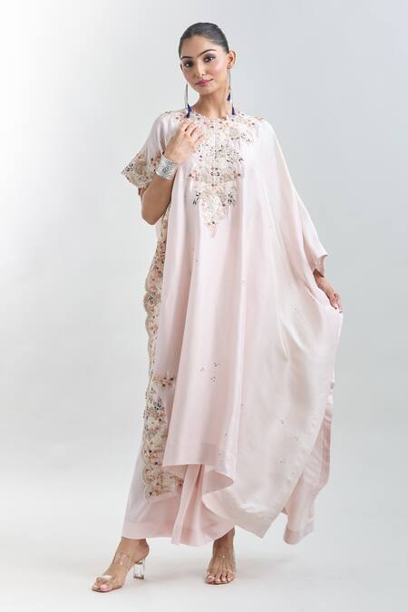 Anamika Khanna Pink Embroidery Round Neck Kaftan Tunic And Draped Skirt Set at Aza Fashions Anamika Khanna_Pink Embroidery Round Neck Kaftan Tunic And Draped Skirt Set_at_Aza_Fashions