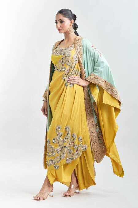 Anamika Khanna Yellow Georgette, Cotton Embroidery Round Neck Draped Tunic Set With Cape Online at Aza Fashions Anamika Khanna_Yellow Georgette, Cotton Embroidery Round Neck Draped Tunic Set With Cape_Online_at_Aza_Fashions