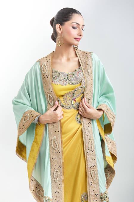 Buy Anamika Khanna Yellow Georgette, Cotton Embroidery Round Neck Draped Tunic Set With Cape Online at Aza Fashions Buy_Anamika Khanna_Yellow Georgette, Cotton Embroidery Round Neck Draped Tunic Set With Cape_Online_at_Aza_Fashions