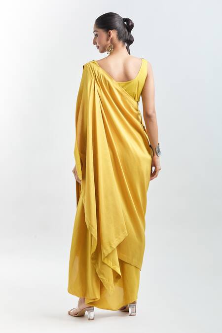 Shop Anamika Khanna Yellow Georgette, Cotton Embroidery Round Neck Draped Tunic Set With Cape Online at Aza Fashions Shop_Anamika Khanna_Yellow Georgette, Cotton Embroidery Round Neck Draped Tunic Set With Cape_Online_at_Aza_Fashions