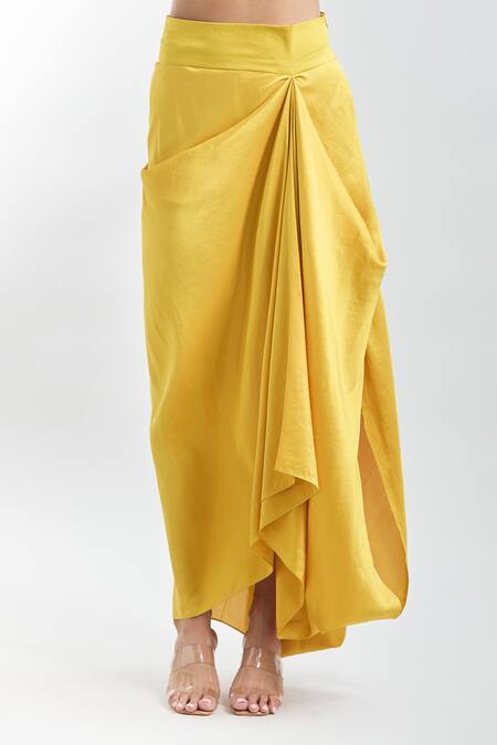 Anamika Khanna Yellow Georgette, Cotton Embroidery Round Neck Draped Tunic Set With Cape at Aza Fashions Anamika Khanna_Yellow Georgette, Cotton Embroidery Round Neck Draped Tunic Set With Cape_at_Aza_Fashions
