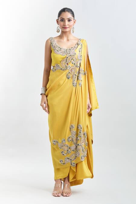 Buy Anamika Khanna Yellow Georgette, Cotton Embroidery Round Neck Draped Tunic Set With Cape Buy_Anamika Khanna_Yellow Georgette, Cotton Embroidery Round Neck Draped Tunic Set With Cape