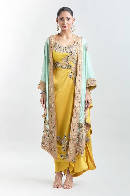 Shop Anamika Khanna Yellow Georgette, Cotton Embroidery Round Neck Draped Tunic Set With Cape Shop_Anamika Khanna_Yellow Georgette, Cotton Embroidery Round Neck Draped Tunic Set With Cape