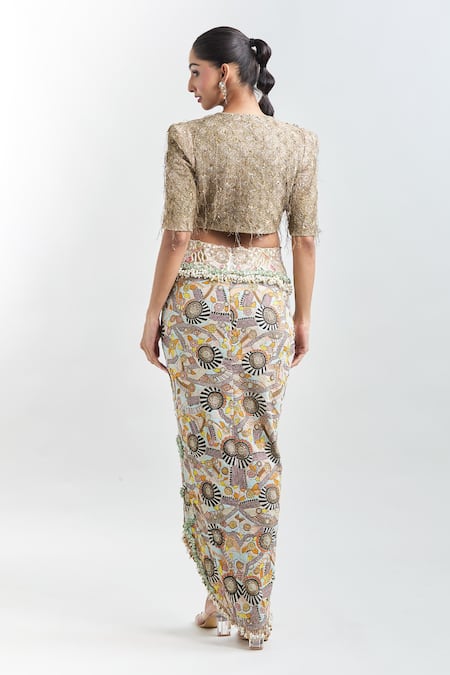Shop Anamika Khanna Gold Silk Fringe, Sequins, Tassels, Embroidery Button-down Crop Top And Skirt Set at Aza Fashions Shop_Anamika Khanna_Gold Silk Fringe, Sequins, Tassels, Embroidery Button-down Crop Top And Skirt Set _at_Aza_Fashions