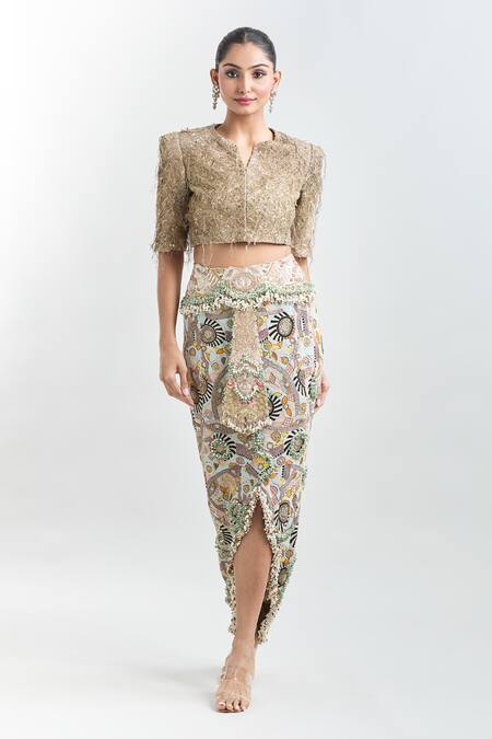 Anamika Khanna Gold Silk Fringe, Sequins, Tassels, Embroidery Button-down Crop Top And Skirt Set Online at Aza Fashions Anamika Khanna_Gold Silk Fringe, Sequins, Tassels, Embroidery Button-down Crop Top And Skirt Set _Online_at_Aza_Fashions