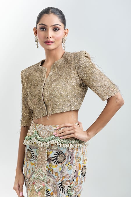 Buy Anamika Khanna Gold Silk Fringe, Sequins, Tassels, Embroidery Button-down Crop Top And Skirt Set Online at Aza Fashions Buy_Anamika Khanna_Gold Silk Fringe, Sequins, Tassels, Embroidery Button-down Crop Top And Skirt Set _Online_at_Aza_Fashions