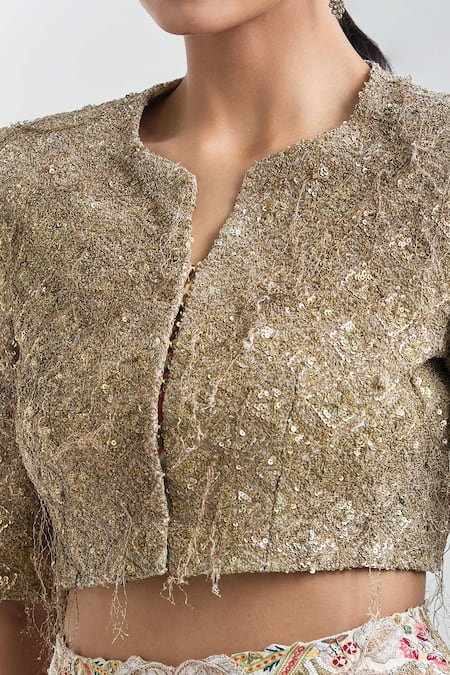 Shop Anamika Khanna Gold Silk Fringe, Sequins, Tassels, Embroidery Button-down Crop Top And Skirt Set Online at Aza Fashions Shop_Anamika Khanna_Gold Silk Fringe, Sequins, Tassels, Embroidery Button-down Crop Top And Skirt Set _Online_at_Aza_Fashions