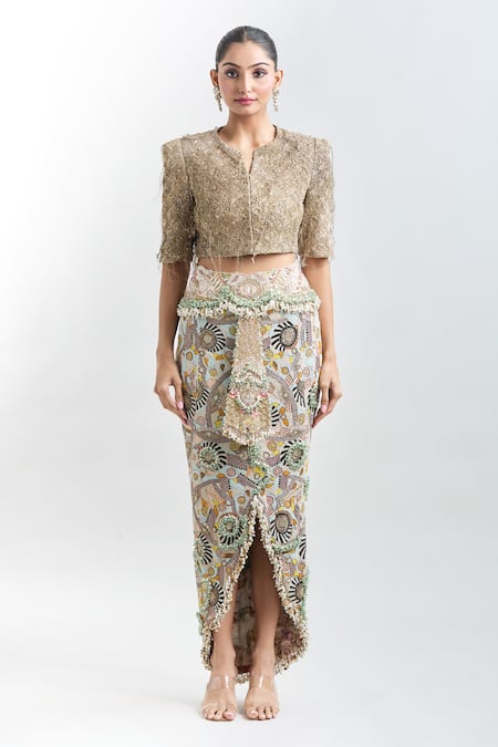 Anamika Khanna Gold Silk Fringe, Sequins, Tassels, Embroidery Button-down Crop Top And Skirt Set at Aza Fashions Anamika Khanna_Gold Silk Fringe, Sequins, Tassels, Embroidery Button-down Crop Top And Skirt Set _at_Aza_Fashions