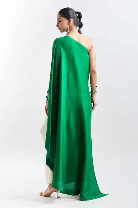 Shop Anamika Khanna Green Tassels One Shoulder Embroidered Tunic And Draped Skirt Set at Aza Fashions Shop_Anamika Khanna_Green Tassels One Shoulder Embroidered Tunic And Draped Skirt Set _at_Aza_Fashions