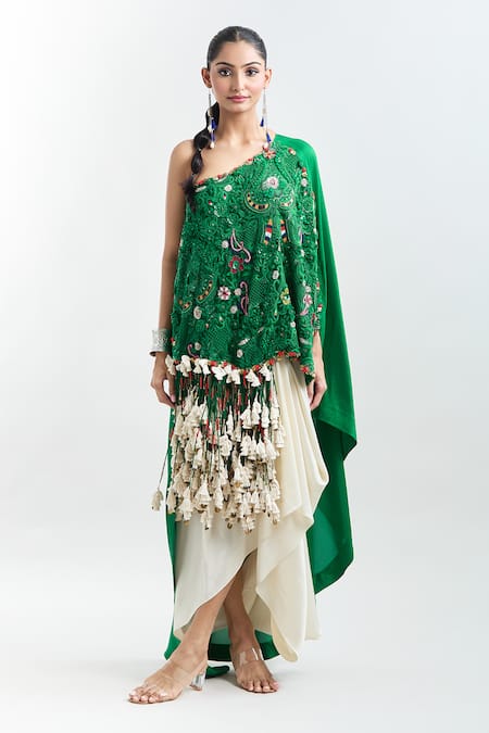 Anamika Khanna Green Tassels One Shoulder Embroidered Tunic And Draped Skirt Set Online at Aza Fashions Anamika Khanna_Green Tassels One Shoulder Embroidered Tunic And Draped Skirt Set _Online_at_Aza_Fashions