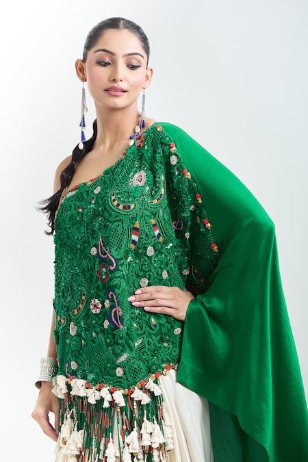 Buy Anamika Khanna Green Tassels One Shoulder Embroidered Tunic And Draped Skirt Set Online at Aza Fashions Buy_Anamika Khanna_Green Tassels One Shoulder Embroidered Tunic And Draped Skirt Set _Online_at_Aza_Fashions