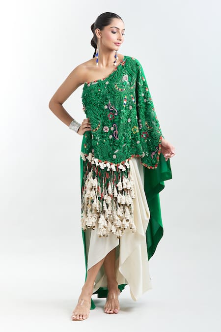 Anamika Khanna Green Tassels One Shoulder Embroidered Tunic And Draped Skirt Set at Aza Fashions Anamika Khanna_Green Tassels One Shoulder Embroidered Tunic And Draped Skirt Set _at_Aza_Fashions