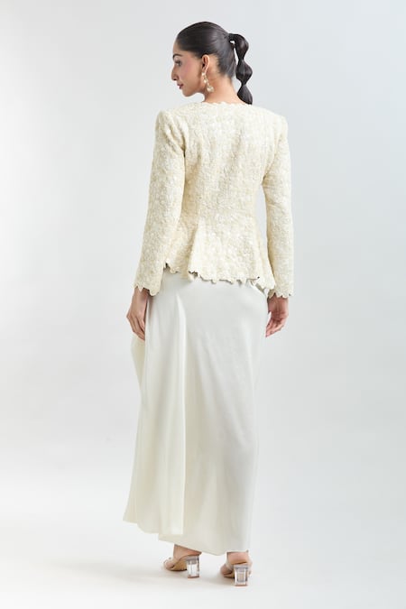 Shop Anamika Khanna Ivory Sequins, Embroidery V-neck Peplum Jacket And Frilled Skirt Set at Aza Fashions Shop_Anamika Khanna_Ivory Sequins, Embroidery V-neck Peplum Jacket And Frilled Skirt Set_at_Aza_Fashions