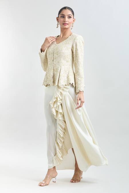 Buy Anamika Khanna Ivory Sequins, Embroidery V-neck Peplum Jacket And Frilled Skirt Set Online at Aza Fashions Buy_Anamika Khanna_Ivory Sequins, Embroidery V-neck Peplum Jacket And Frilled Skirt Set_Online_at_Aza_Fashions