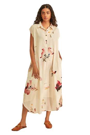 Kharakapas_Off White Cotton Collared Blossom Print Dress _Online_at_Aza_Fashions
