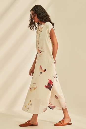 Buy_Kharakapas_Off White Cotton Collared Blossom Print Dress _Online_at_Aza_Fashions