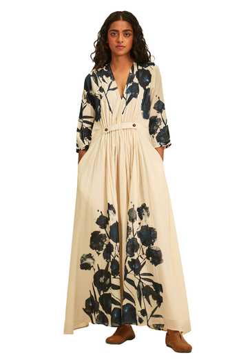 Kharakapas_Off White Cotton Plunge Neck Forest Print Dress _Online_at_Aza_Fashions