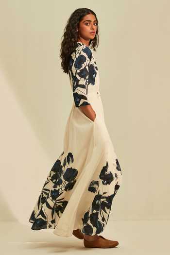 Buy_Kharakapas_Off White Cotton Plunge Neck Forest Print Dress _Online_at_Aza_Fashions