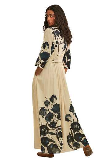 Shop_Kharakapas_Off White Cotton Plunge Neck Forest Print Dress _Online_at_Aza_Fashions